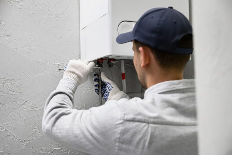 Instalación de calentador en Murcia | Fontanería en Murcia Fontanero trabajando en la instalación de calentador en Murcia