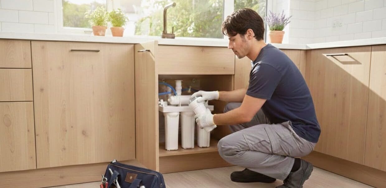 fontanero equipando equipo de osmosis inversa en Murcia