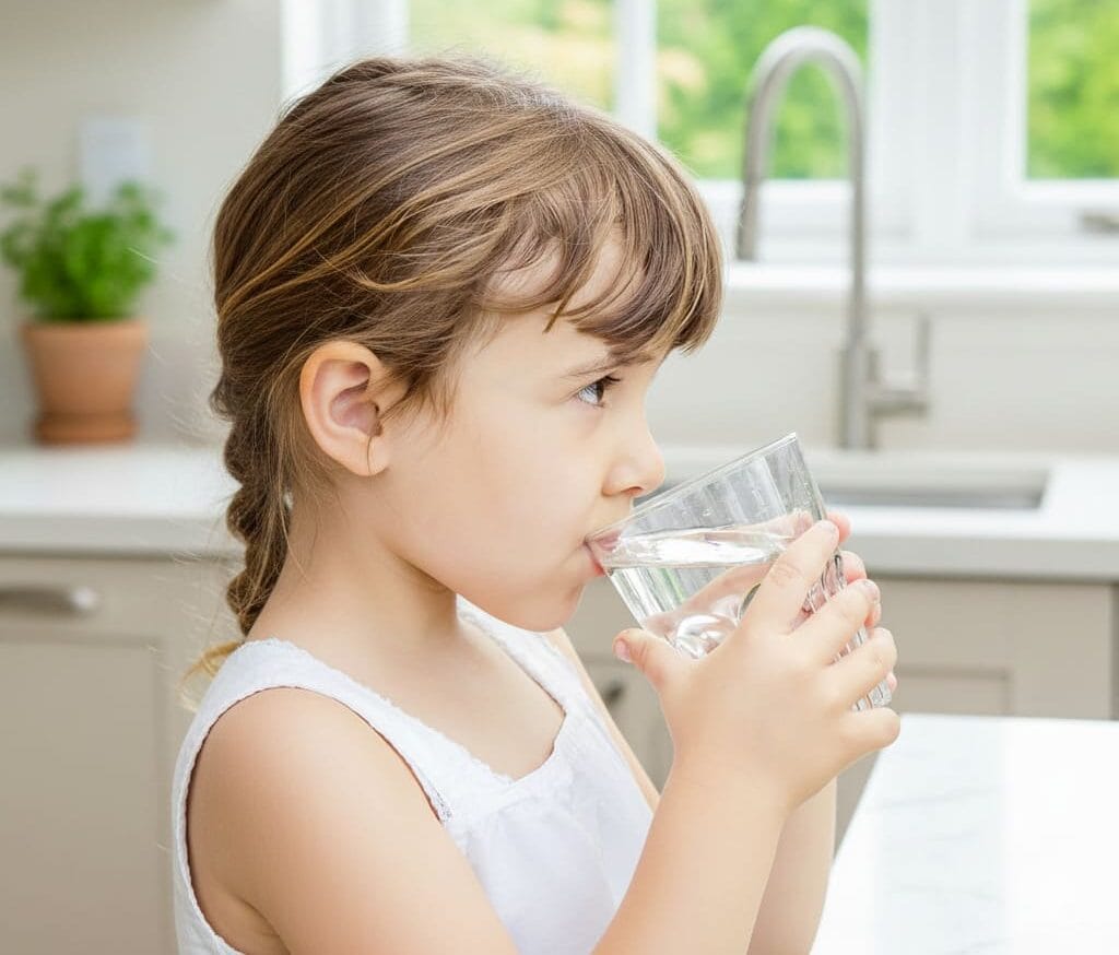 Niña en casa bebiendo agua filtrada por ósmosis inversa en Murcia