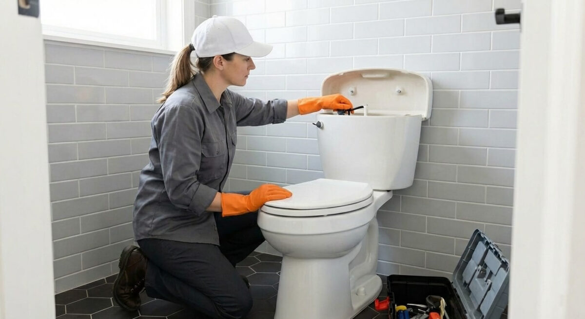 fontanera repara la cisterna de un váter